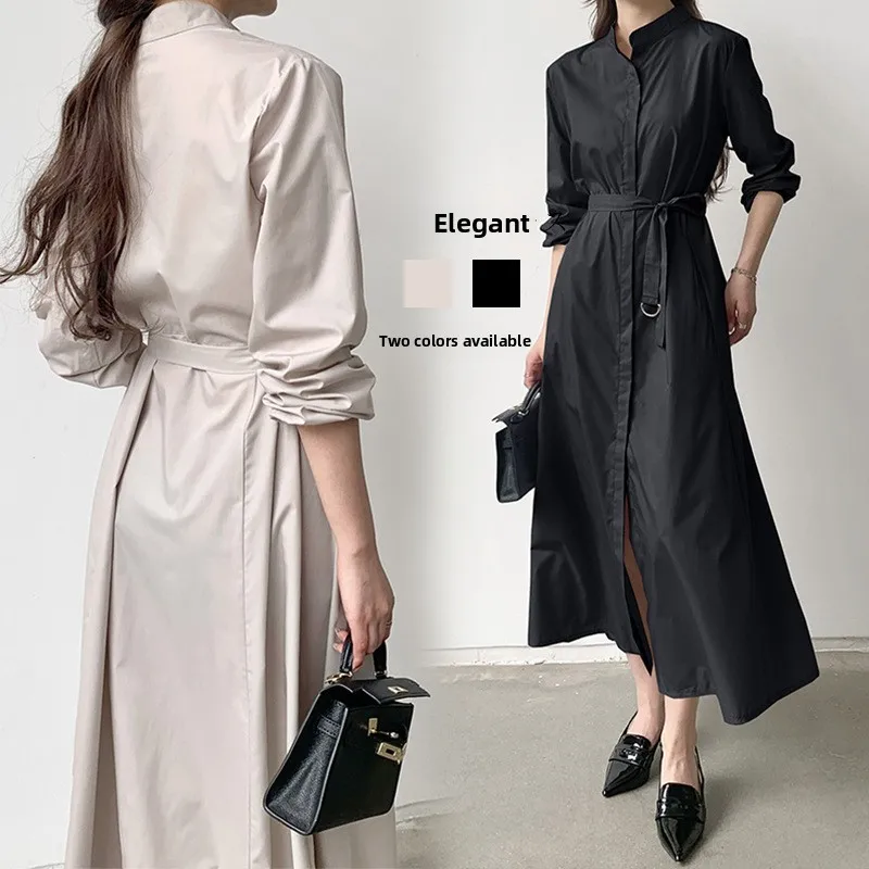 Modern Style Long Sleeve Shirt Dress Women's Loose Waist Belted Stand Collar Dress Dongda Gate New Arrival Street Style