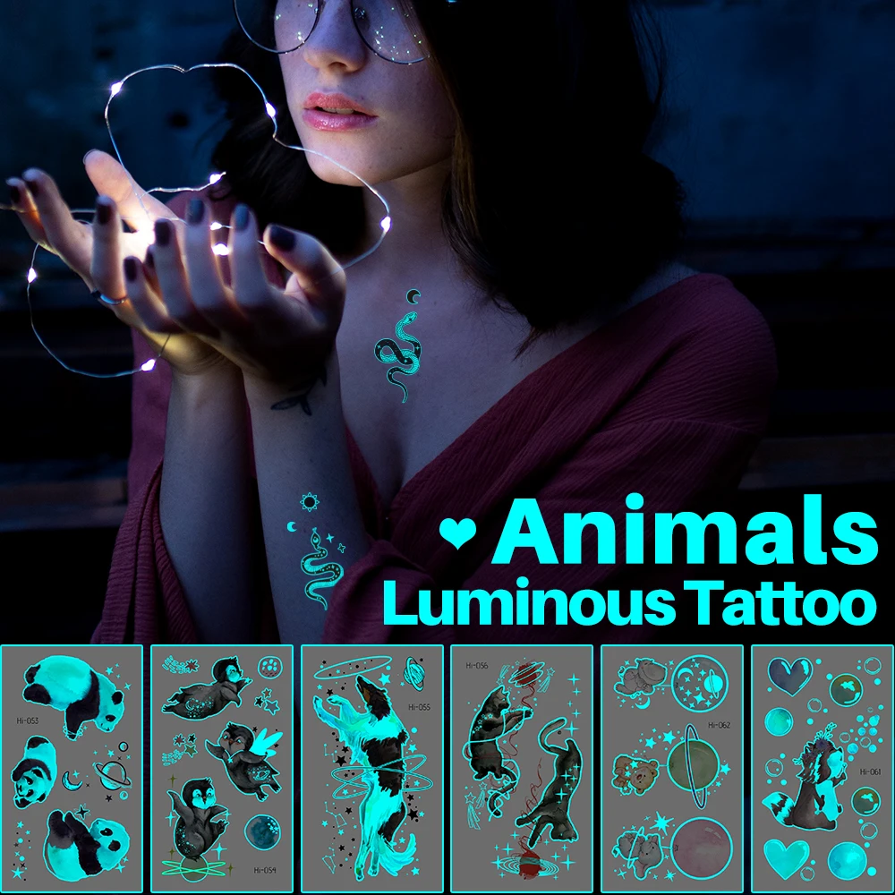 Cat Dog Fish Animals Luminous Tattoo Sticker Temporary Waterproof Arm Body Art Fake Tattoos Women Makeup Festival Accessories