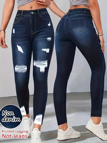 【Non-Denim】Women's Faux Denim Print Leggings, Sports Casual Skinny Pants, Thin Soft Skin-Friendly Yoga Pants, All-Season Long Pa