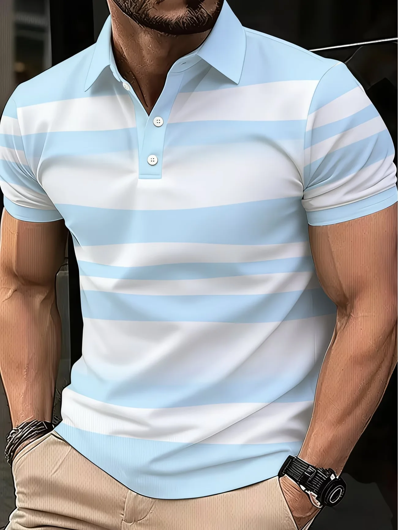 Digital print retro men's classic striped lapel casual and comfortable spring/summer short sleeved T-shirt
