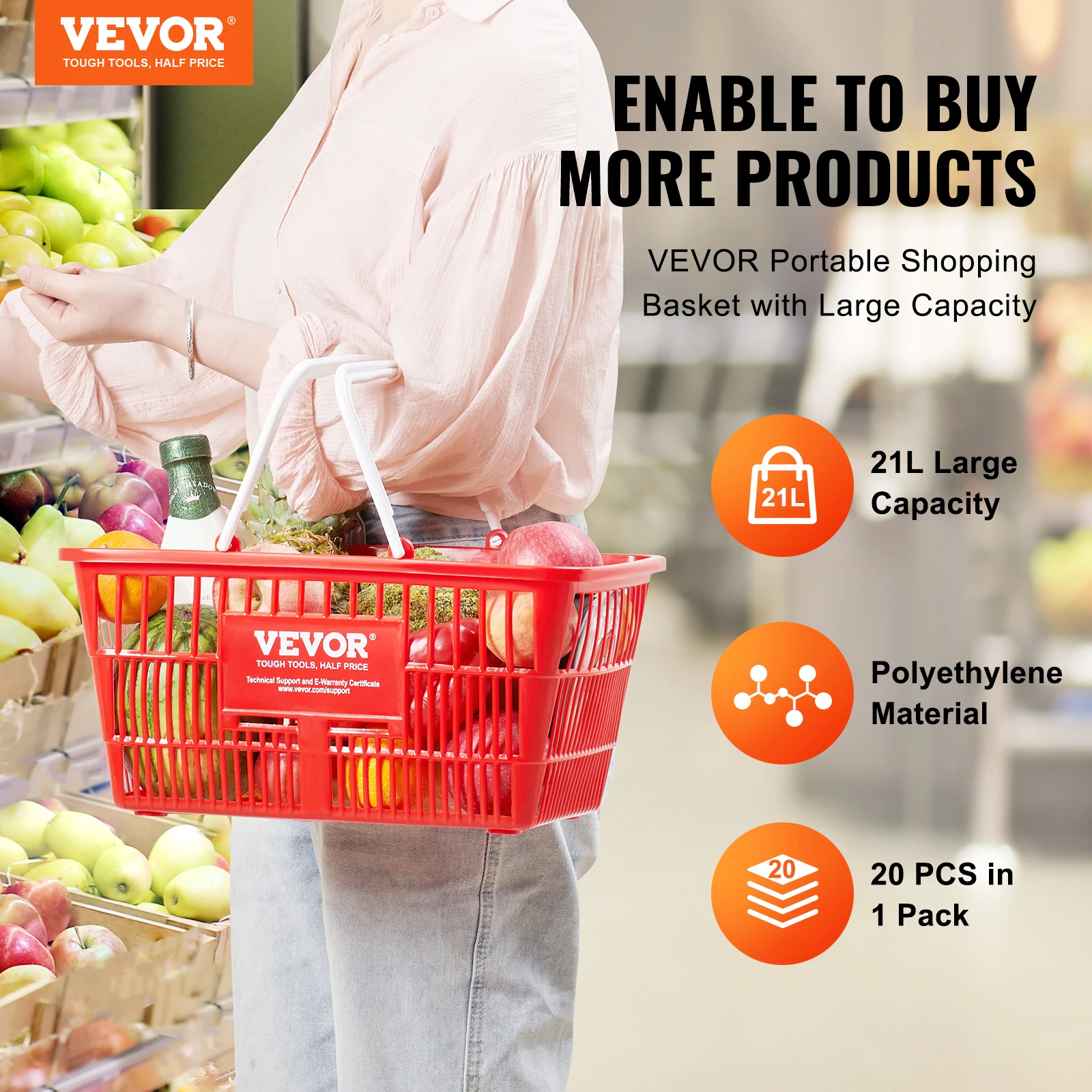 VEVOR 20pcs Shopping Basket 21L Plastic Grocery Basket with Handle & Stand Portable Shop Bulk Used for Retail Store Supermarket