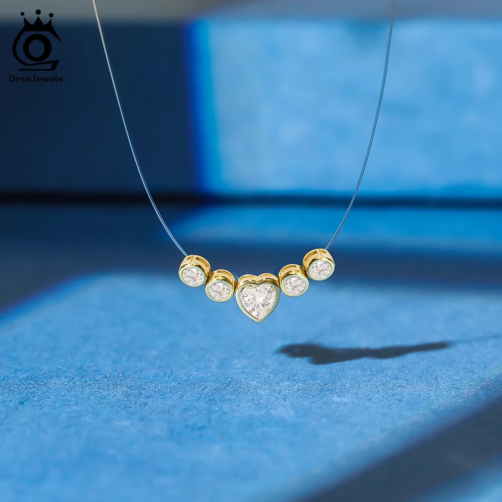 

ORSA JEWELS Dainty 8A CZ Heart Zircon Necklace S925 Silver Love Heart Pendant Transparent Fishing Line Invisible Chain LZN30