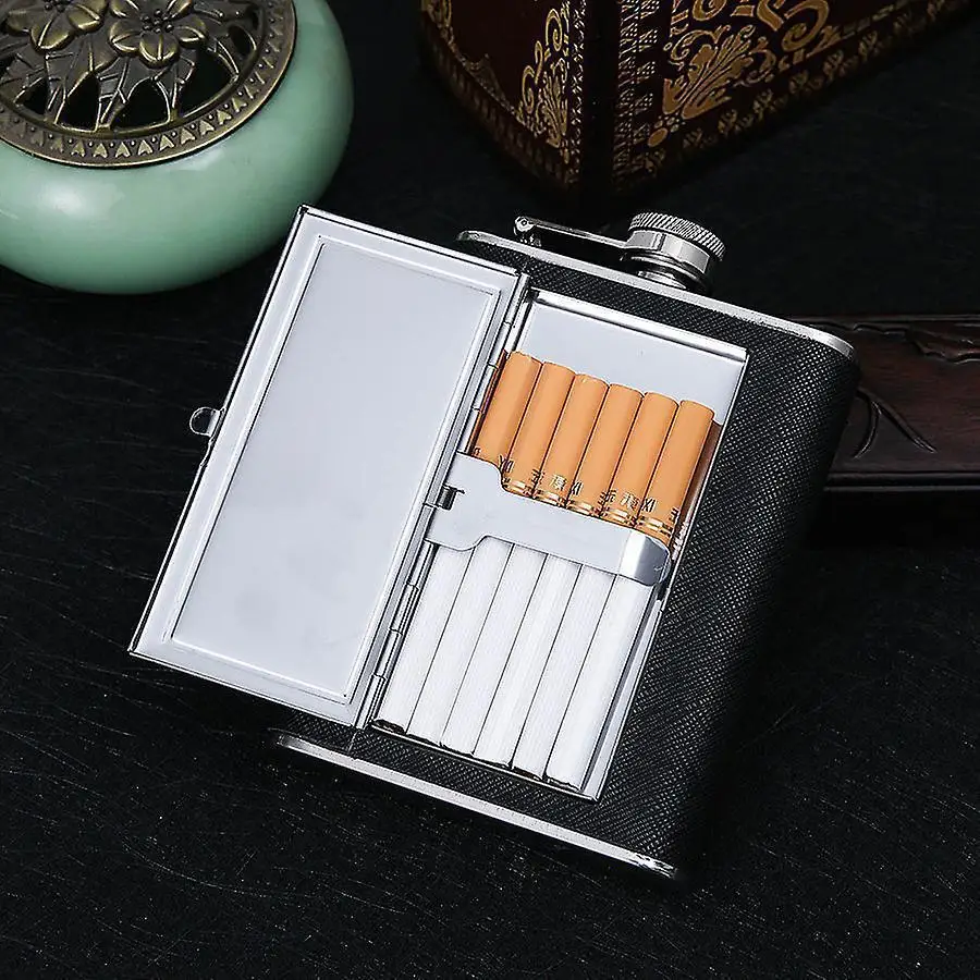 Petaca de vino creativa con estuche para cigarrillos, botella de Alcohol de acero inoxidable de cuero Pu de 6Oz para whisky, Camping, regalo para padrinos de boda