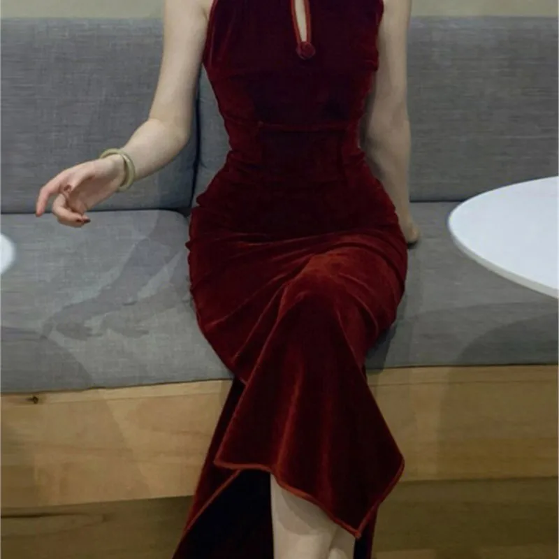 New Chinese improved cheongsam light luxury party dress red velvet