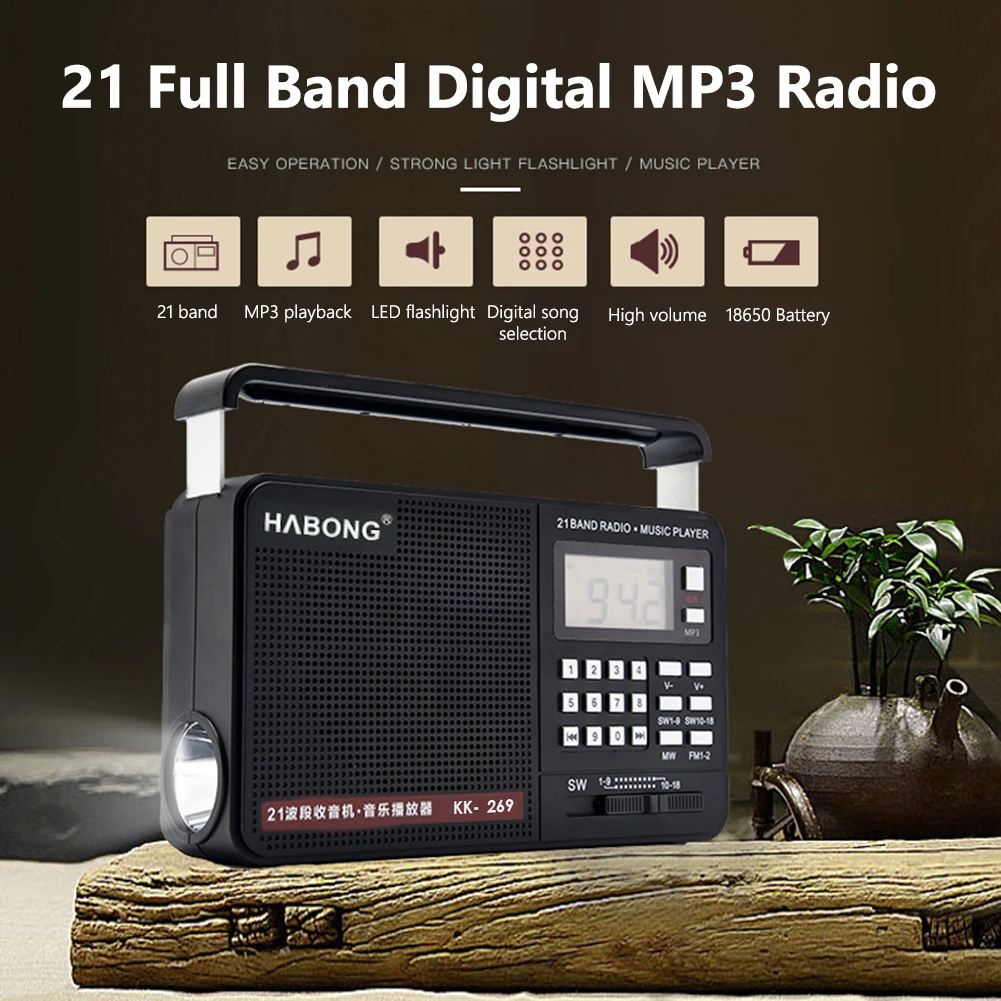 FM/MW/SW Radio Portable MP3 Radio Speaker Super Bass TF USB Player LED Flashlight Digital Display 21 Full Band Radio Receiver