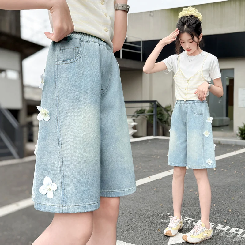 

Kids Summer High Waist Jean Shorts with Floral Appliques for Girl Child Denim Shorts Fashion Applications Flower Pants Age 5-14Y