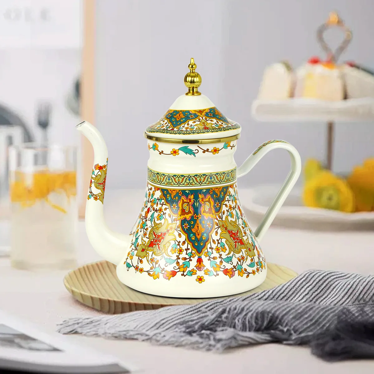 

Enamel Teapot 1.2L with Infuser, Porcelain Enamel Coated Tea Pot for Home Kitchen, Induction & Stove Safe, Easy Clean