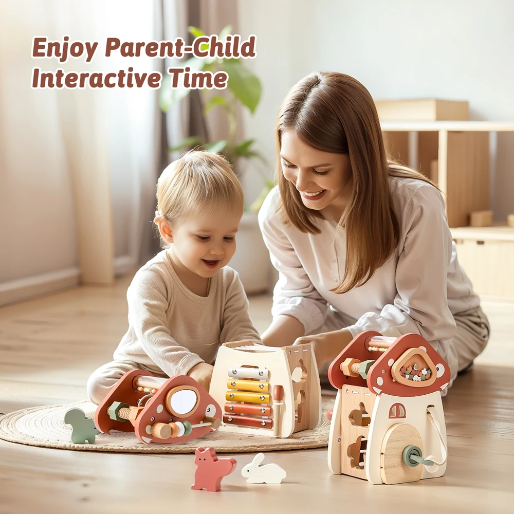 

Baby Montessori Toy Wooden Five-in-one Mushroom Castle Stacking Puzzle Toy Kid Houses Blocks Early Childhood Education Game Gift