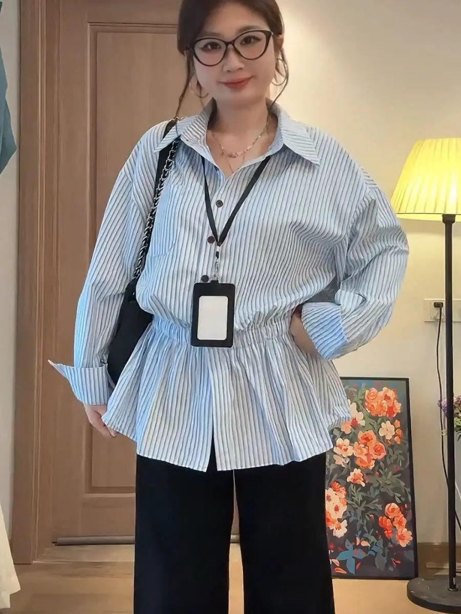 

Женская рубашка больших размеров с длинным рукавом, в полоску, с эффектом утяжки талии, в корейском стиле, свободного кроя, осень 2025, новинка