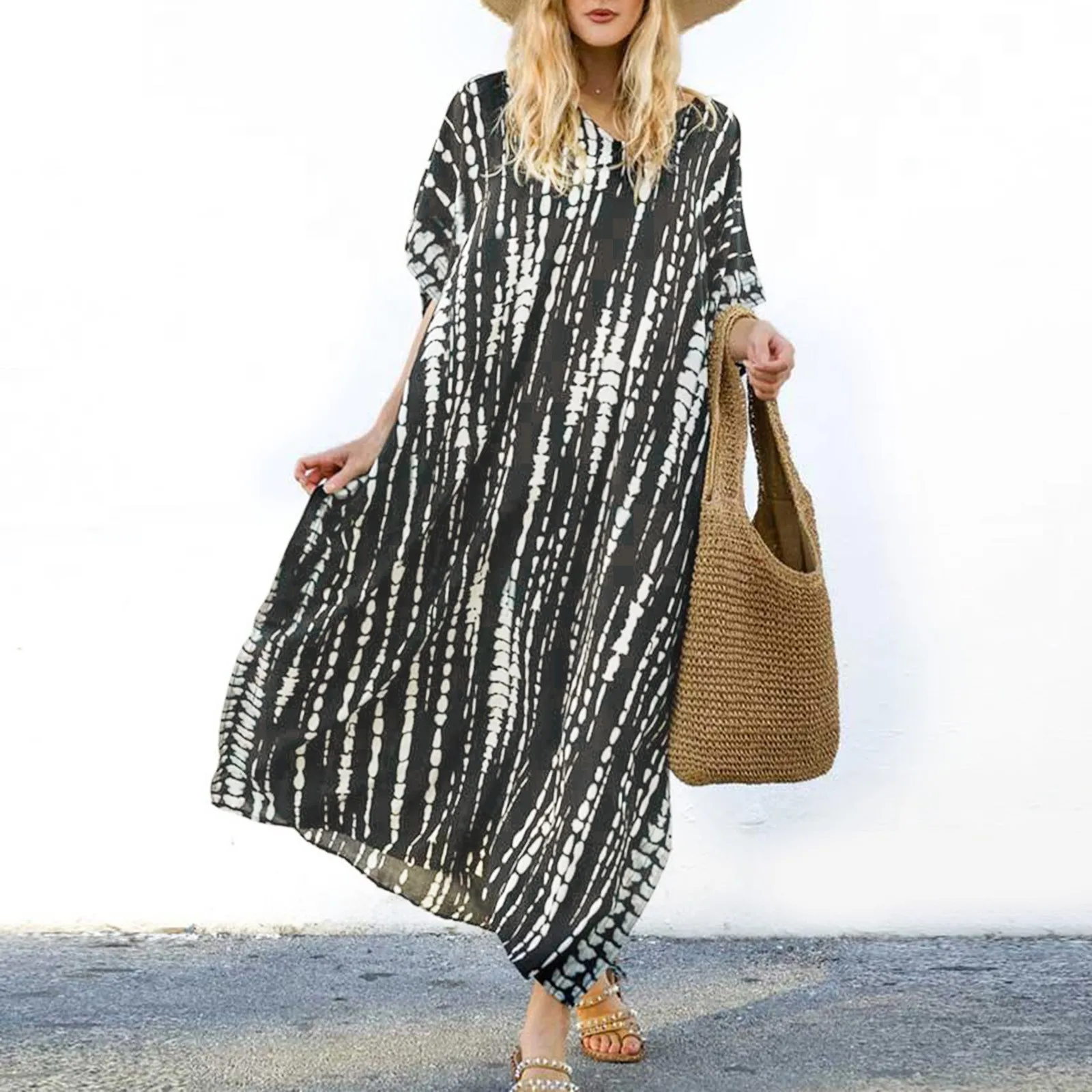 

Fitshinling Halo Dyeing Vintage Beach Long Dress Women V Neck Oversize Robe Side Split Loose Kaftan Holiday Boho Maxi Dresses