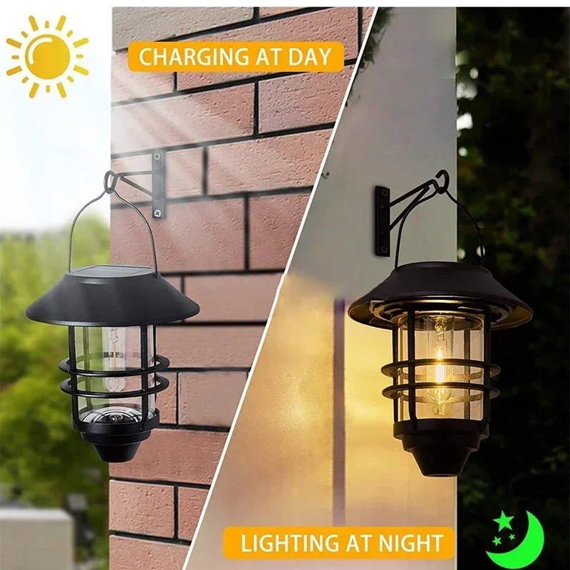 Luzes solares LED ao ar livre, lanterna retro, lâmpada de parede suspensa, metal vintage impermeável, luzes do jardim, Villa Porch, lâmpada de tungstênio