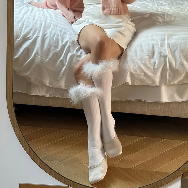 Elastische, schmale Damensocken, einfarbig, gerippt, lässige Socken, Damen-Flausch-Feder-Patchwork, warme Socken, Street Fashion, Y2k-Kniestrümpfe