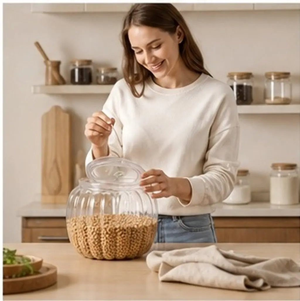 Transparent Airtight Food Storage Jar Pumpkin Shape Clear Plastic Grain Container Lid Kitchen Pantry Organizer Rice Flour Cereal