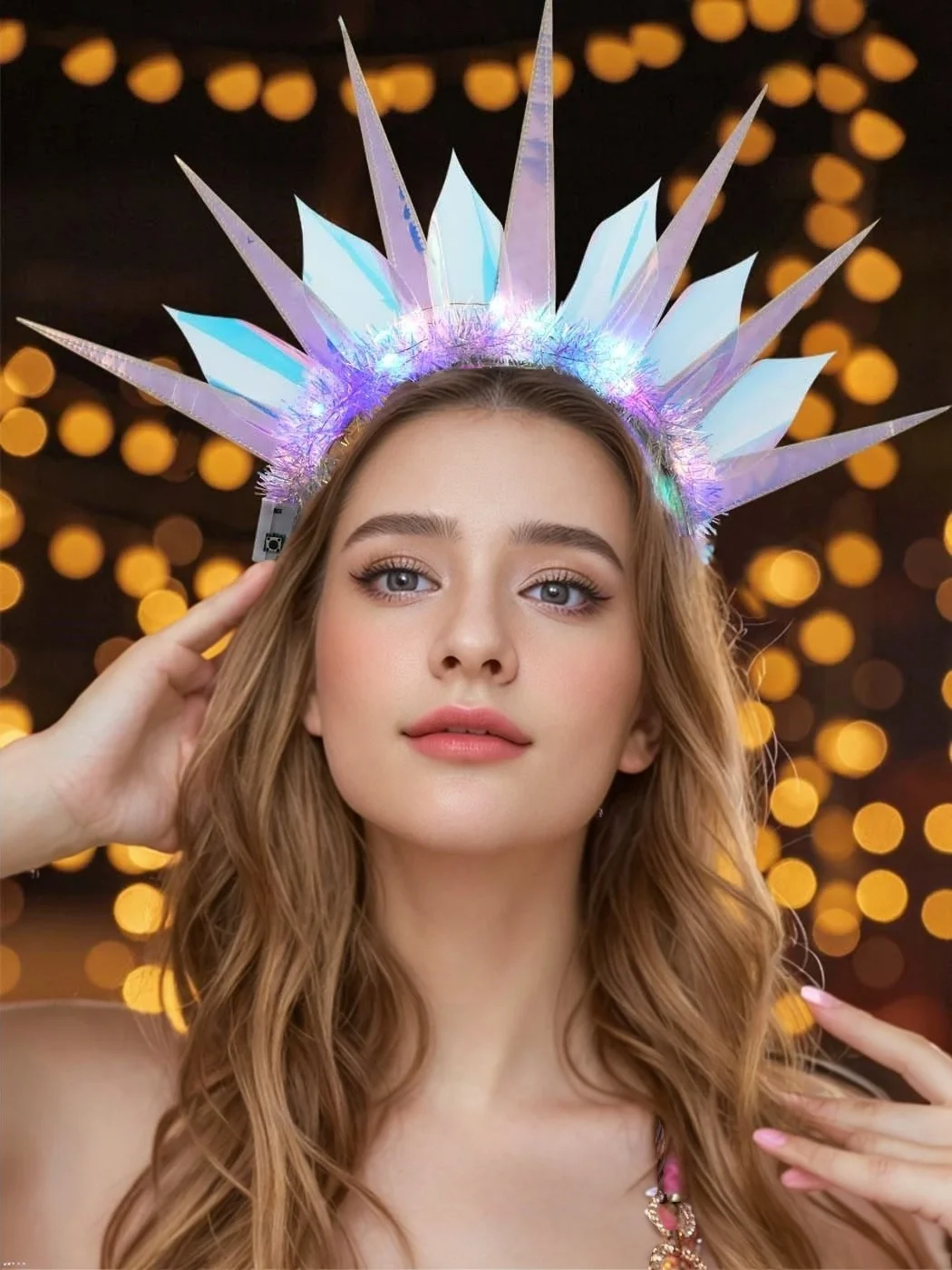 Light Up Headband LED Crown Headbands Goddess of Liberty Hair Band Party Nightclub Rave Hair Accessories for Women and Girls