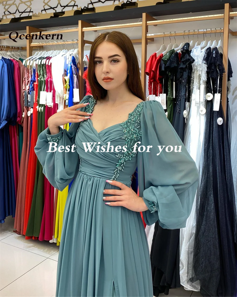 Carolina Elegant Sweetheart Chiffon Evening Dresses Beading Puffy Sleeves High Split Open Back Robe De Mariée Party Gown Women