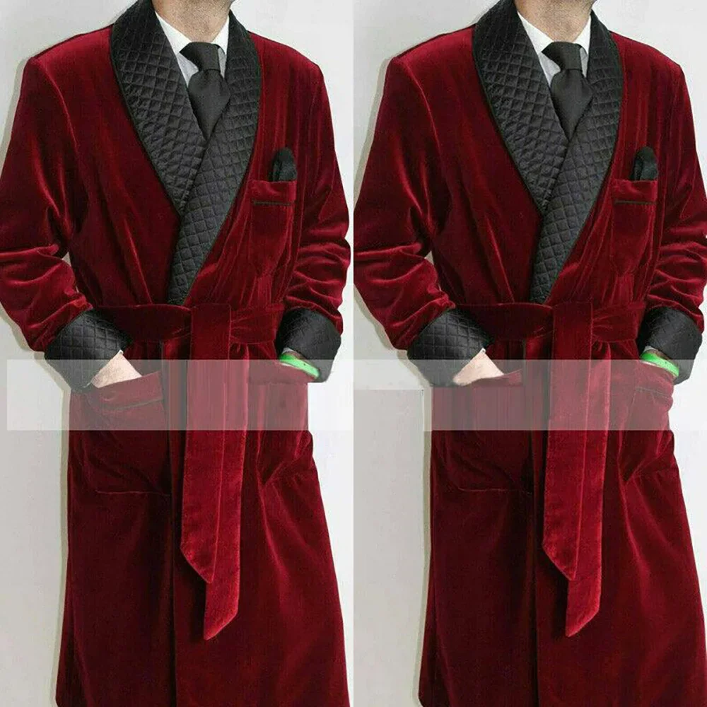 Smart Causal Burgundy Men Long Jacket Black Shawl Lapel Double Breasted Smokin Velvet Daily Party Banquet Somsaco Hombre Casual