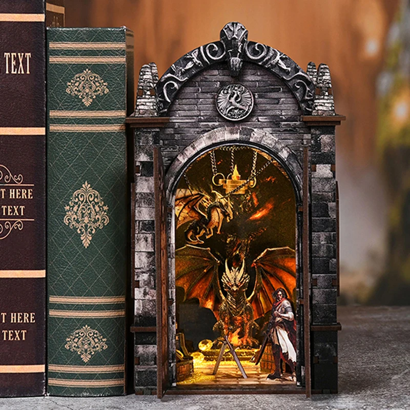 

DIY Dragons Treasure Labyrinth Book Nook Wooden Miniature Model Kits Bookend 3D Puzzle Bookshelf for Friends Birthday Gifts