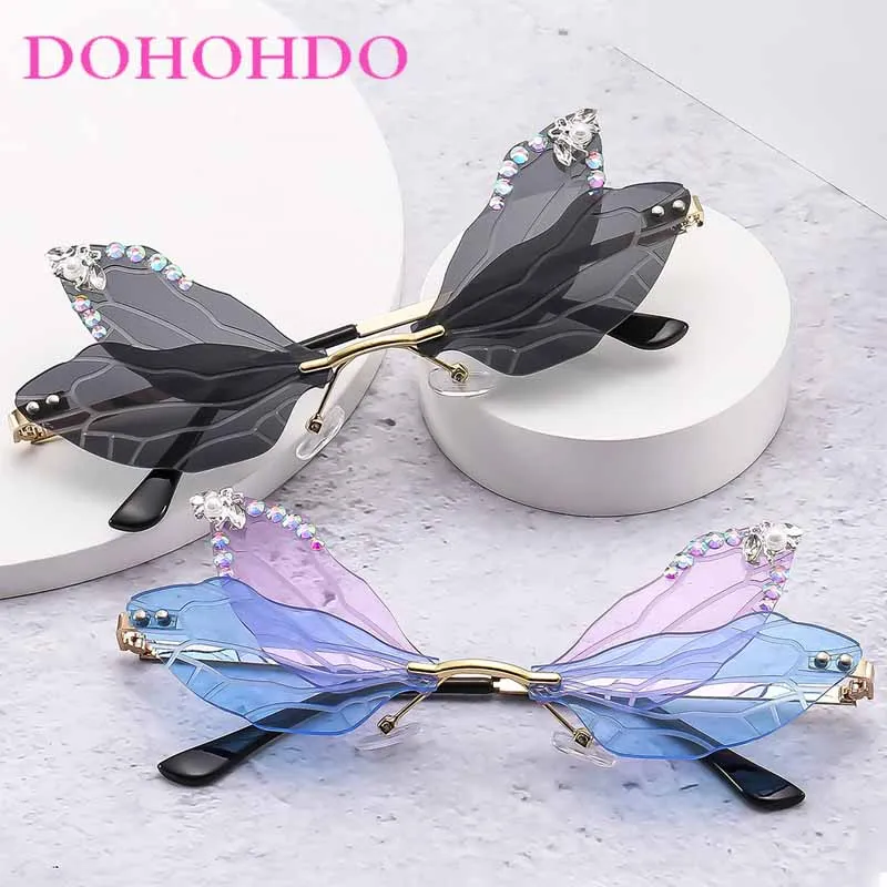 

Fashion Brand Design The Frameless Butterfly Sequin Decoration Sunglasses Woman Luxury Personality Party Wacky Sunglasses UV400