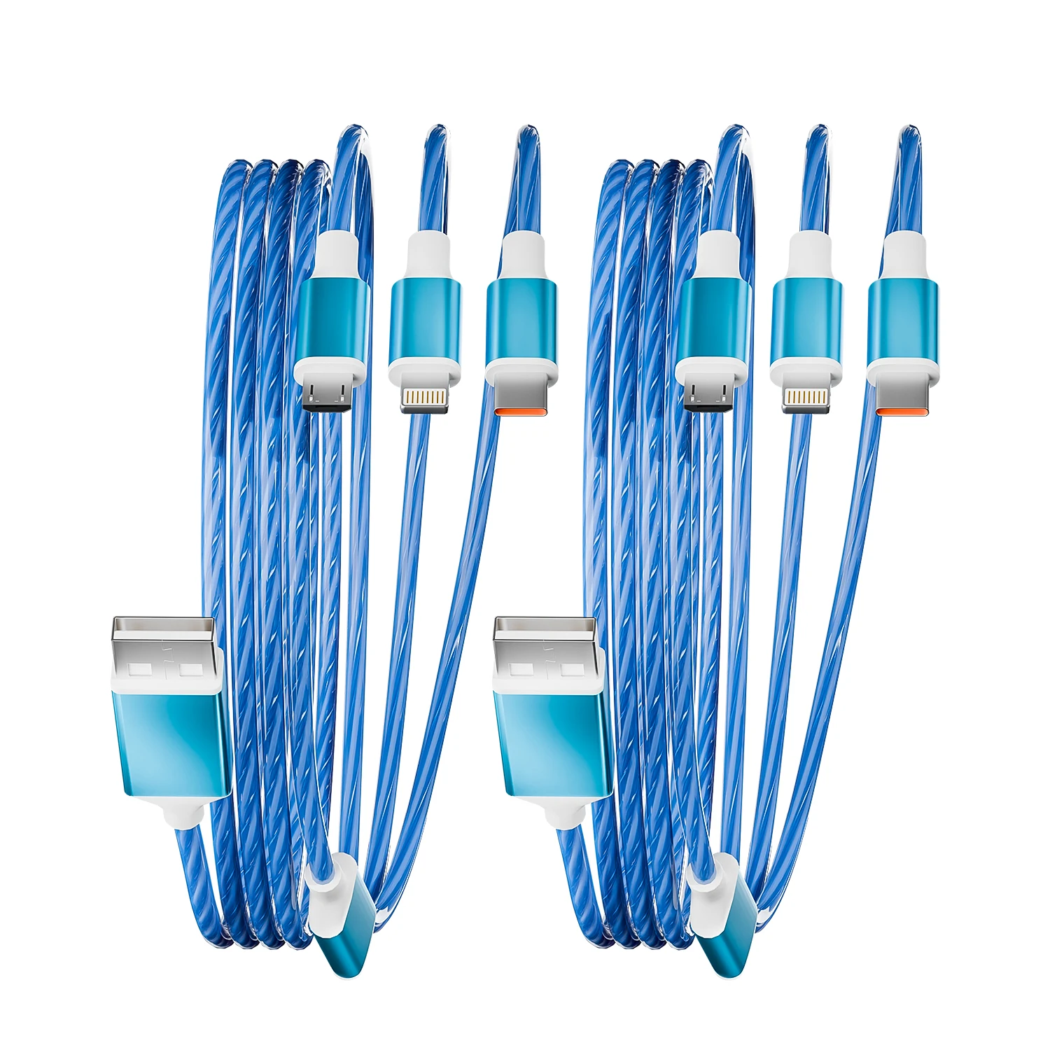 

2 шт., 4 фута, 3 в 1, синий светящийся USB-кабель для быстрой зарядки с портами Type-C, Micro USB и IP, подходит для большинства мобильных телефонов