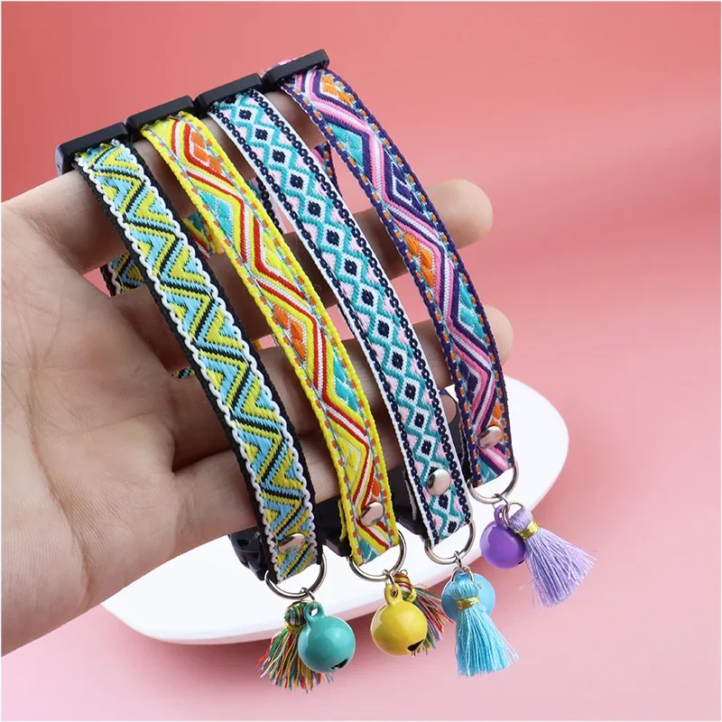 Adjustable Cat Collar with Tassels and Bells Embellished Pet Collar Colorful Plaid Jacquard Pattern Collars for Cat Dog Supplies