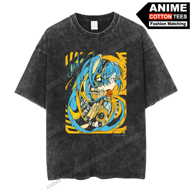 

HATSUNE MIKU Graffiti poster T-shirt Cotton Washed Vintage T Shirt Tops y2k Harajuku Street Casual Unisex Oversized Loose Tees