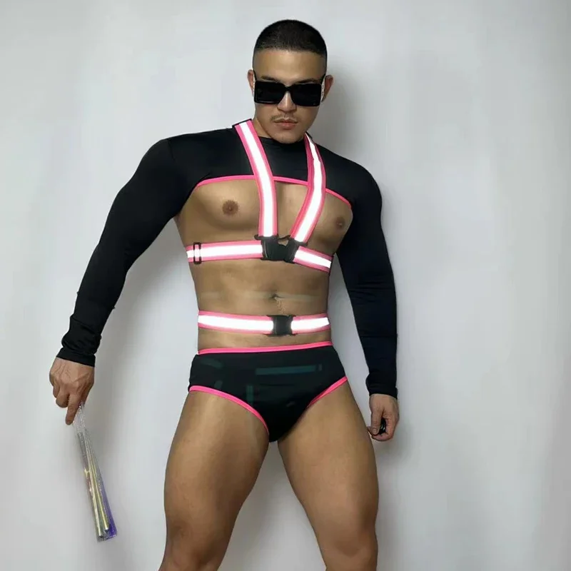 Fitness powerhouse homem muscular pólo dança gogo traje masculino preto topo shorts reflexivo cinta no peito barra dj ds palco rave outfit