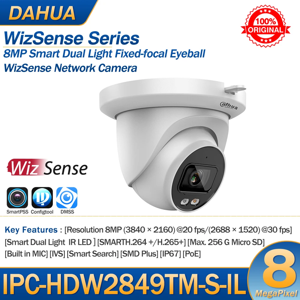 Dahua IP Camera 8MP IPC-HDW2849TM-S-IL Smart Dual Light POE Fixed-focal WizSense Built-in MIC Warm Light/IR SD Slot Slot IP67