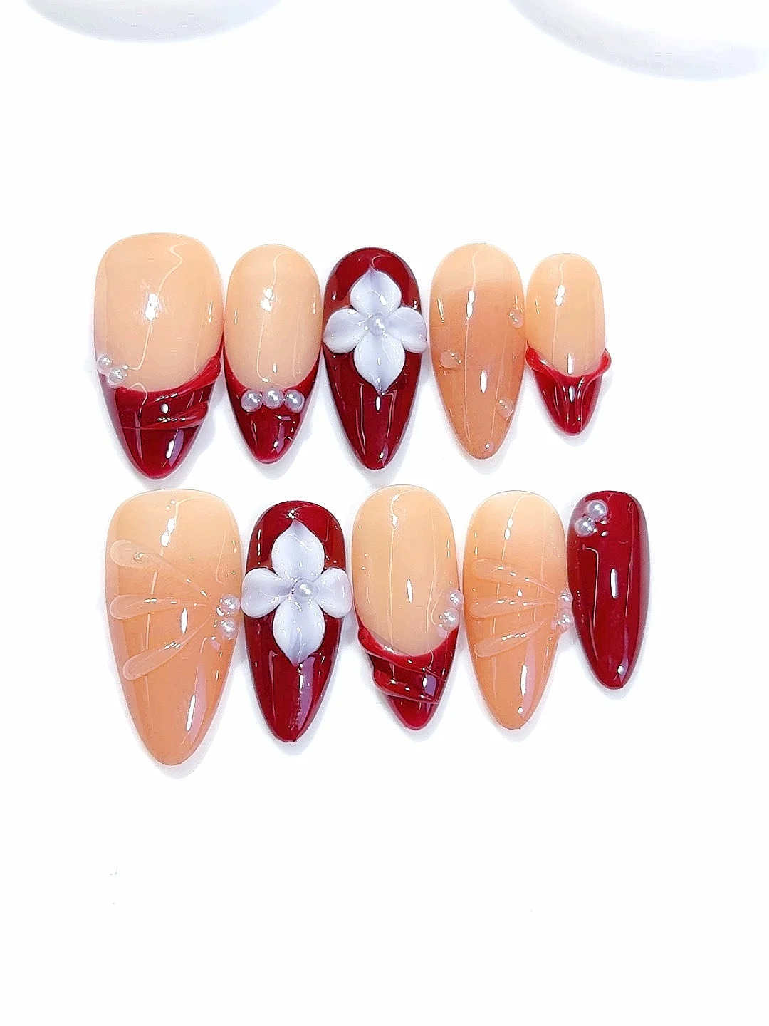 

Peach & Burgundy 3D Flower Press on Nails - Pearl Accent Stiletto False Nails with Red Bow Detail Handmade for Women（D598）