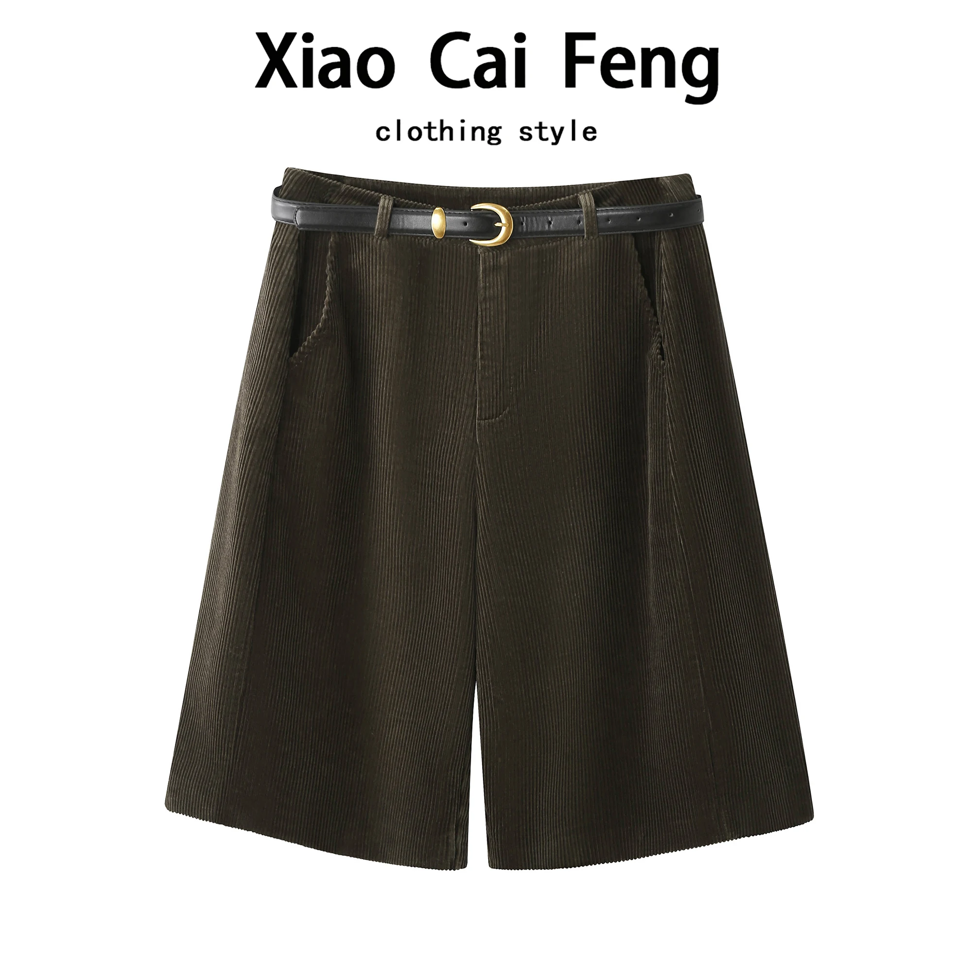 Pantalones de pana de cintura alta, holgados, de pierna recta, casuales, de cinco puntos, para mujer, estilo Old Money, para otoño e invierno, tipo pantalón corto A-Line.