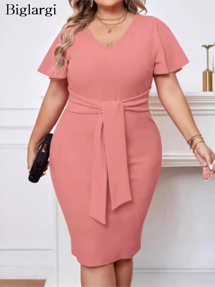 Plus Size Summer Midi Dress Women Pink Elegant Ruffle Pleated Short Sleeve Modis Ladies Dresses Slim Bodycon Woman V-Neck Dress