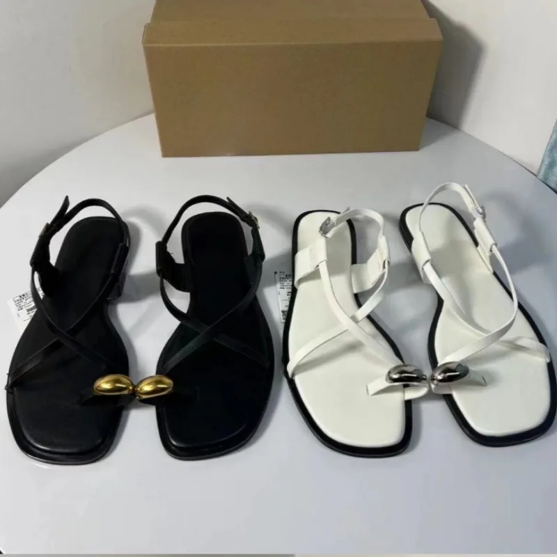 Cross Strap 2025 Summer Women's Flat Sandals Brand Designer Metal Decoration Ladies Footwear Casual Clip Toe White Beach Shoes - Image 6