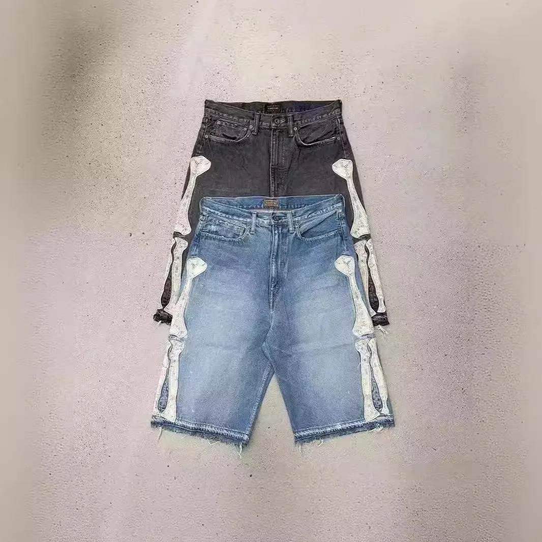 

2025 Summer New Trend Retro Washed Hip Hop Embroidery Bone Men's and Women's Casual Loose Pants Denim Shorts