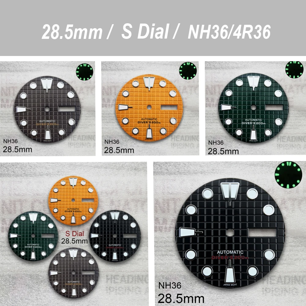 

28.5mm S Logo Waffle Dial Suitable For NH36/4R36 Movement C3 Green Luminous Dual Calendar Watch Modification Accessories