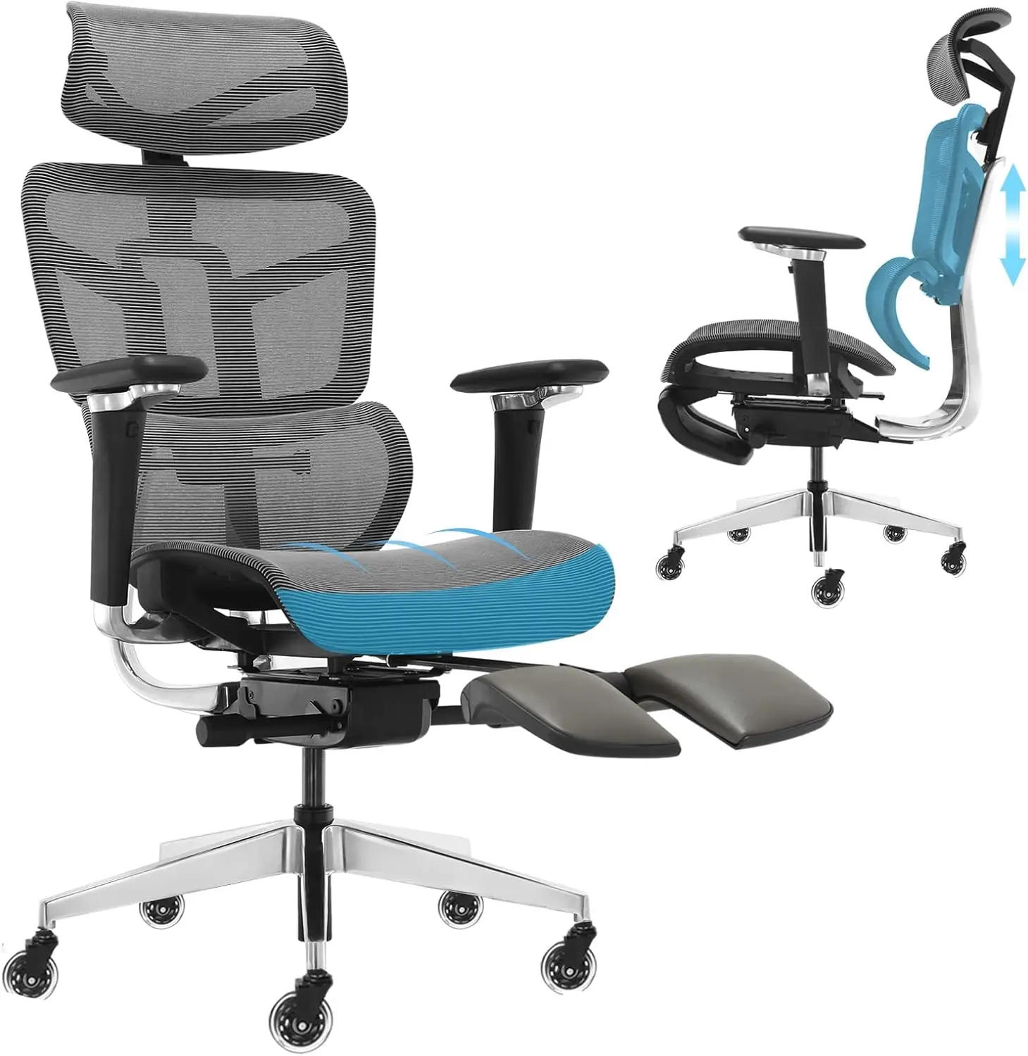 

Ergonomic Office Chair with Foot Rest, High Back Desk Chair with 3D Adjustable Backrest, Mesh Computer Chair with 5D Armrest