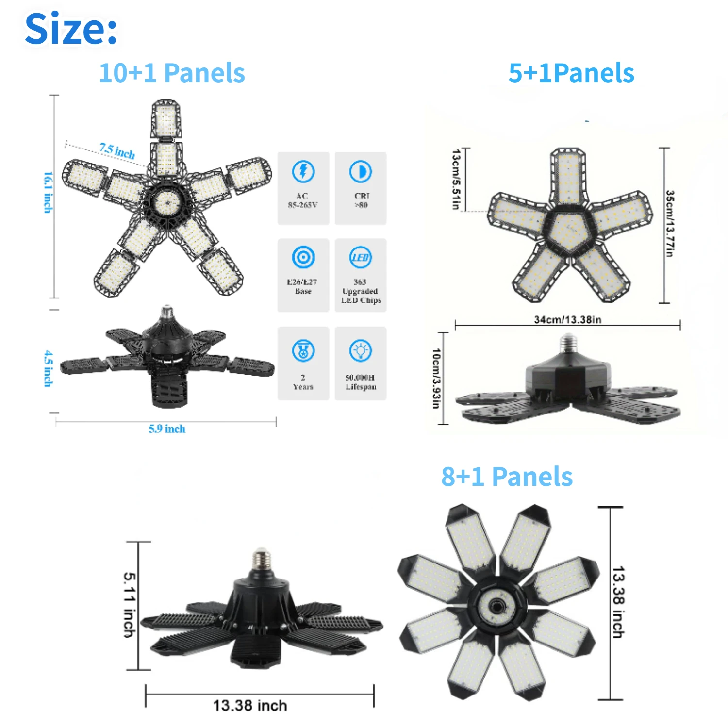LED Garage Light with 5/8/10 Adjustable Panels Super Bright E27/E26 Ceiling Lighting Work Light for Basement Workshop Warehouse
