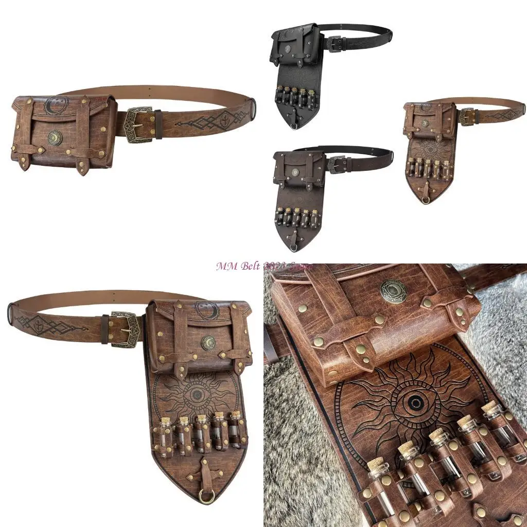 49ME Medieval Leather Belt Set Vintage Alchemist Waistband Multipurpose Waist Belt for Historical Enthusiasts