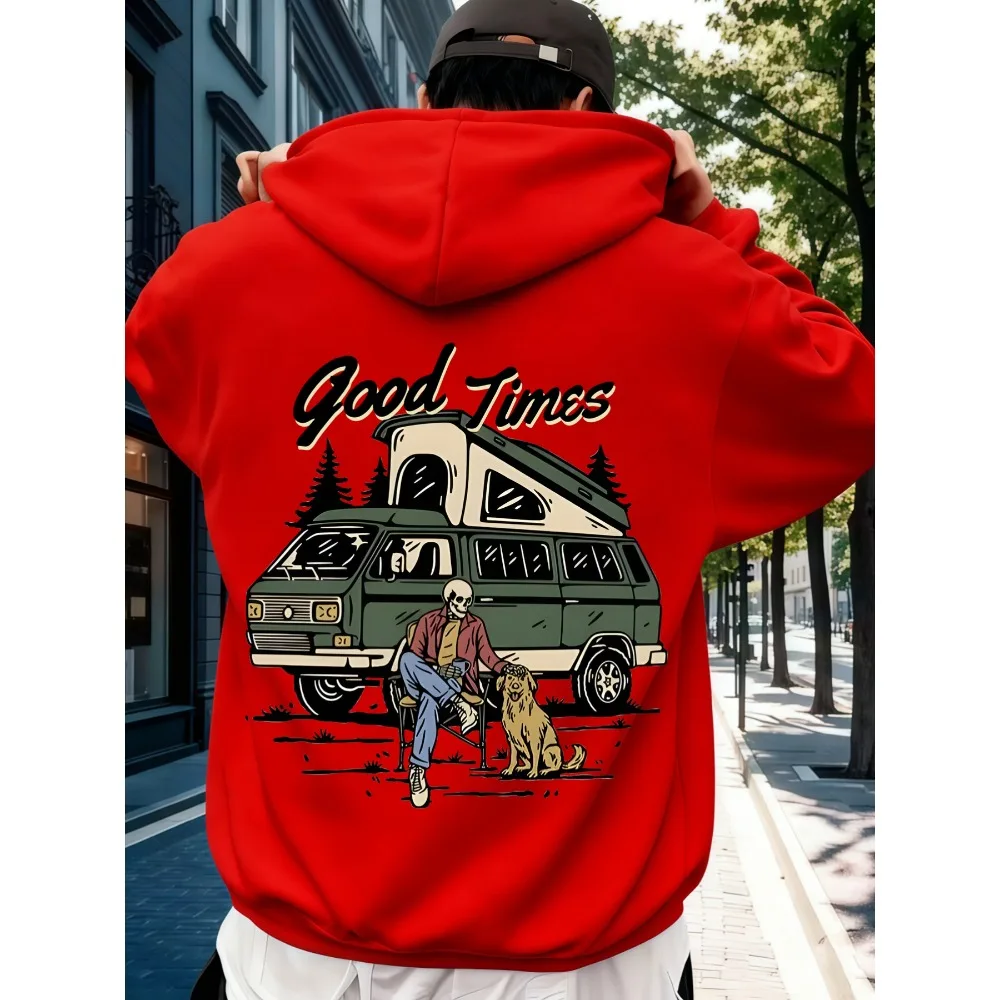 Trending Good Times Camping Van Graphic Hoodie Men Women Outdoor Travel Front Back Print Loose Sweatshirt