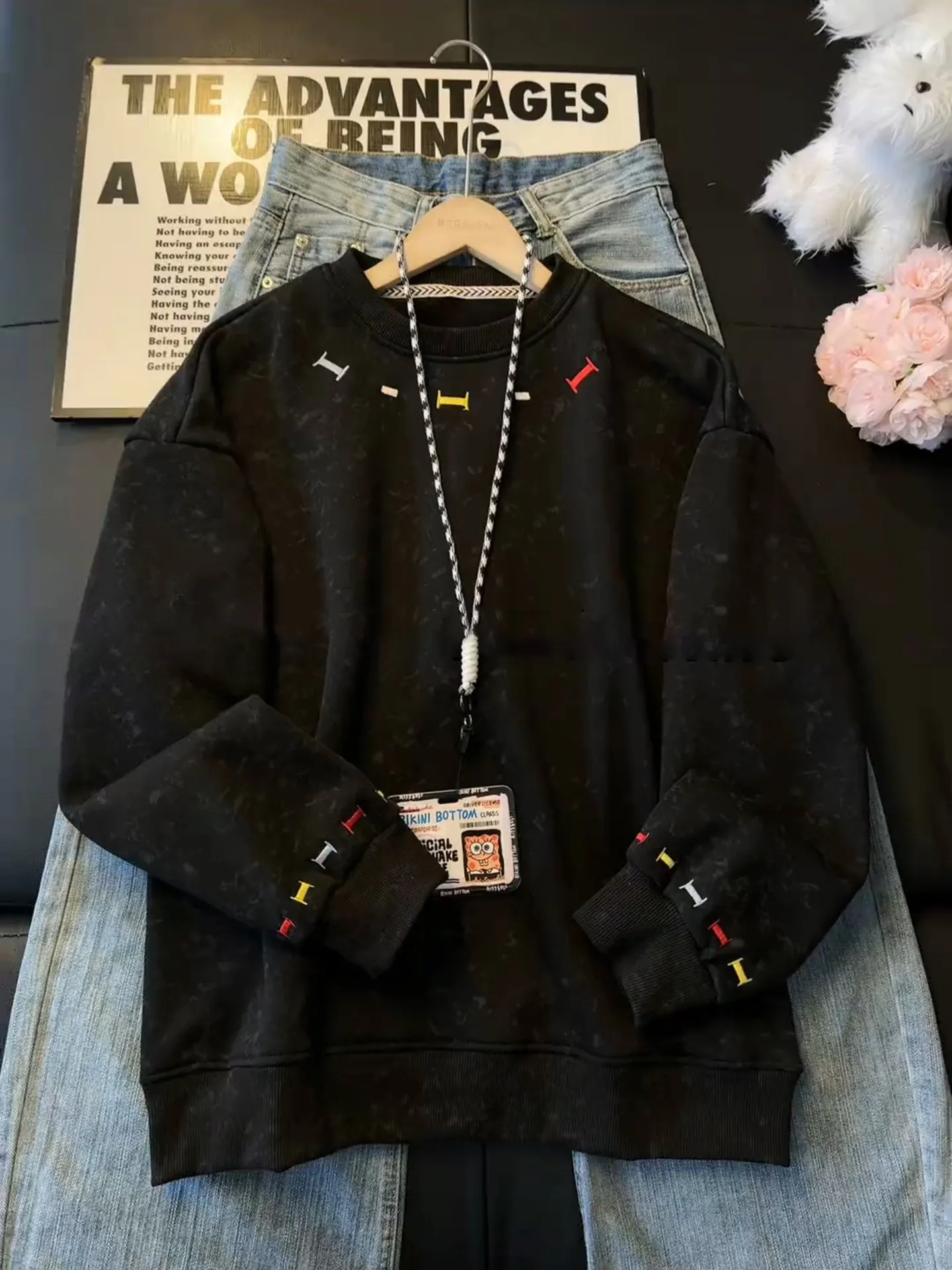 

Bla American Retro Embroidered Fce Lined Long Sve round Ne Sweatirt Men's Autumn Winter Heavy Du Base Layer irt