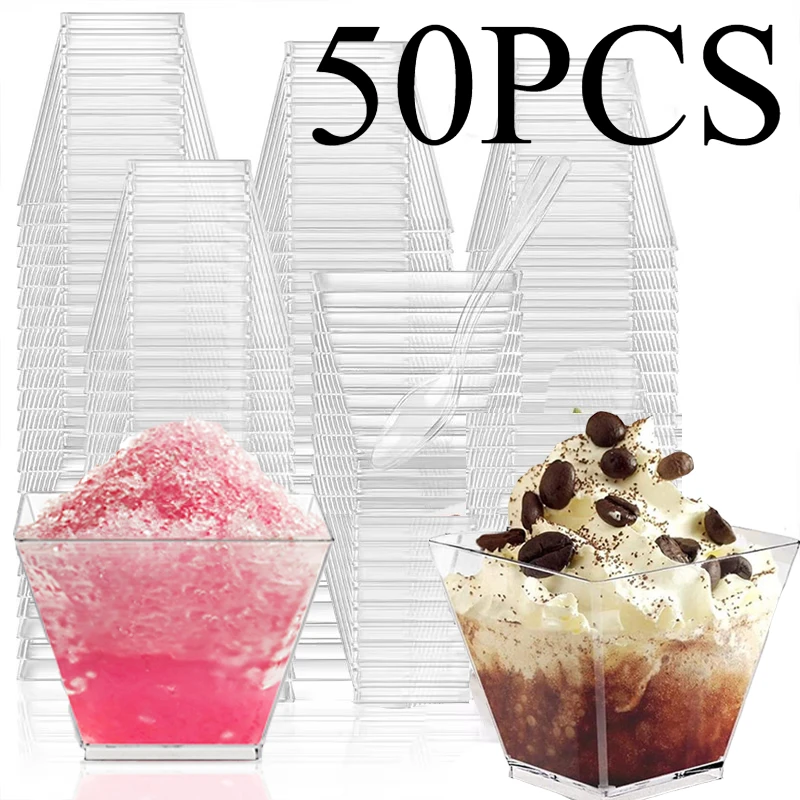 50 Uds. Tazas de postre de plástico, vasos de postre de plástico transparente desechables trapezoidales para degustación de salsa de fiesta, contenedor de gelatina ﻿