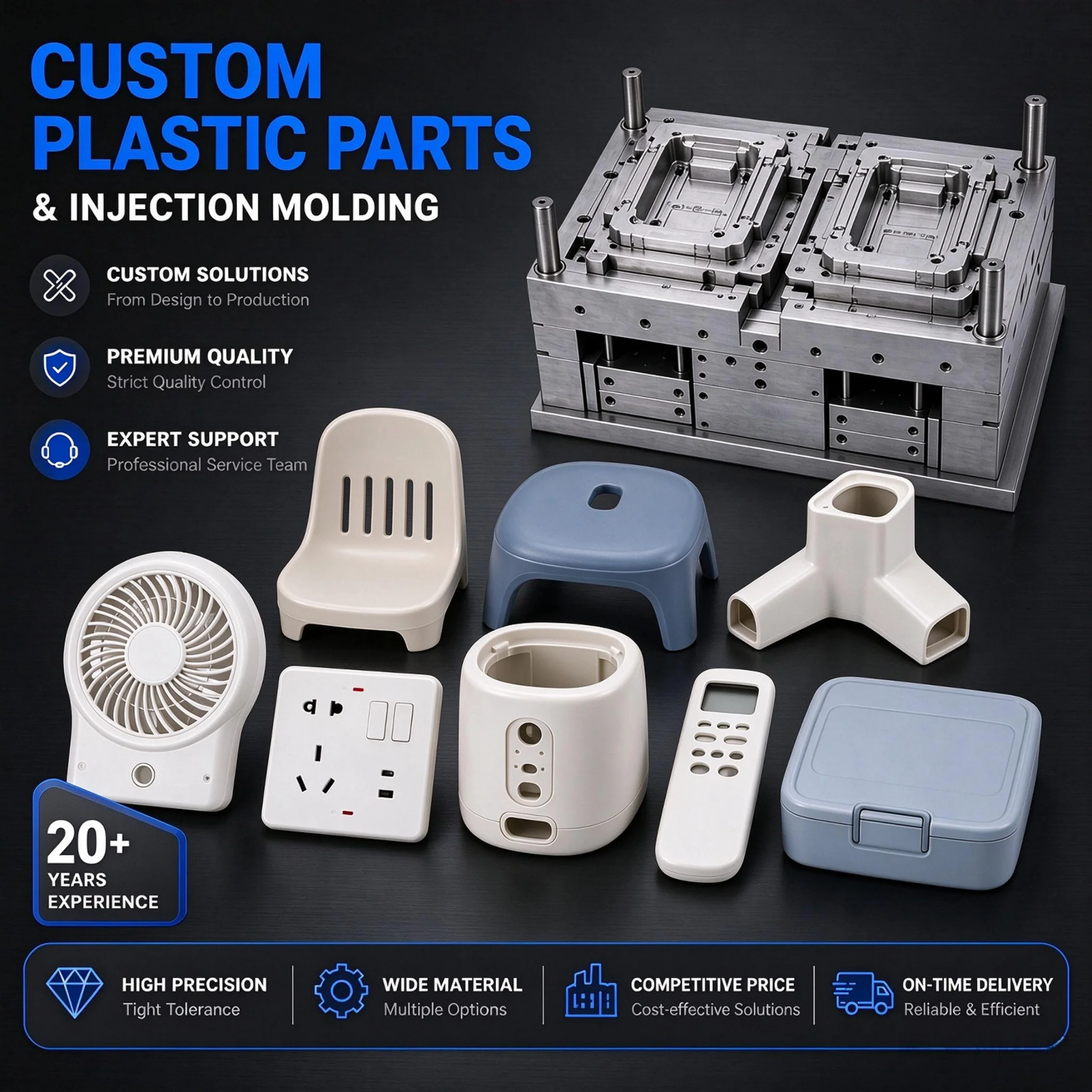 Custom Plastic Injection Mold Injection Molding Service Mold Design High Precision P20 H13 Steel ABS PP PC PA66 0.01mm OEM ODM