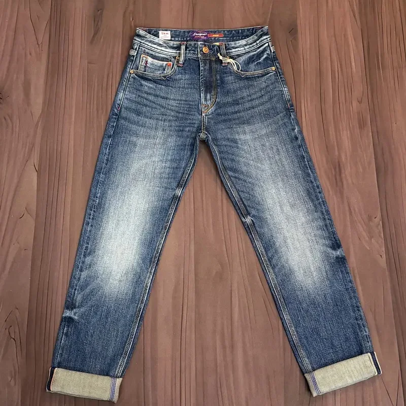 14oz 99% Cotton Washed Selvedge Denim Jeans for Men 2026 Autumn American Vintage Casual Stretch Slim Tapered Straight Pants 5KM
