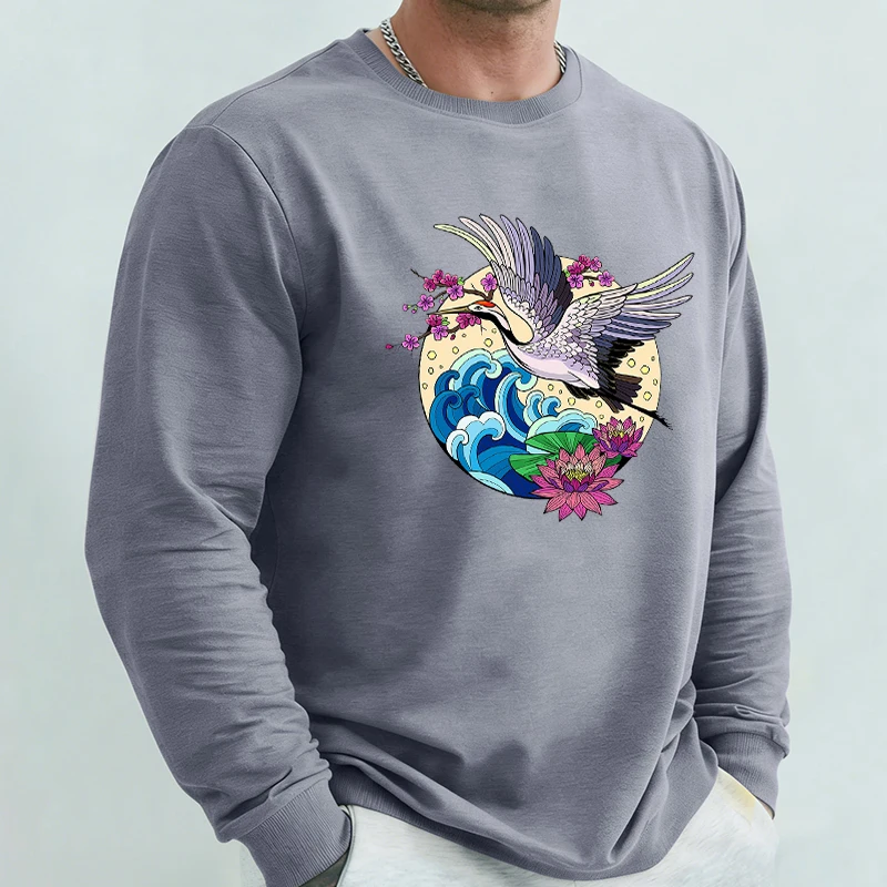 

Harajuku Crane Wave Plum Blossom Prints Мужские удобные толстовки в стиле хип-хоп с длинными рукавами Повседневные теплые пуловеры Классическая свободная толстовка