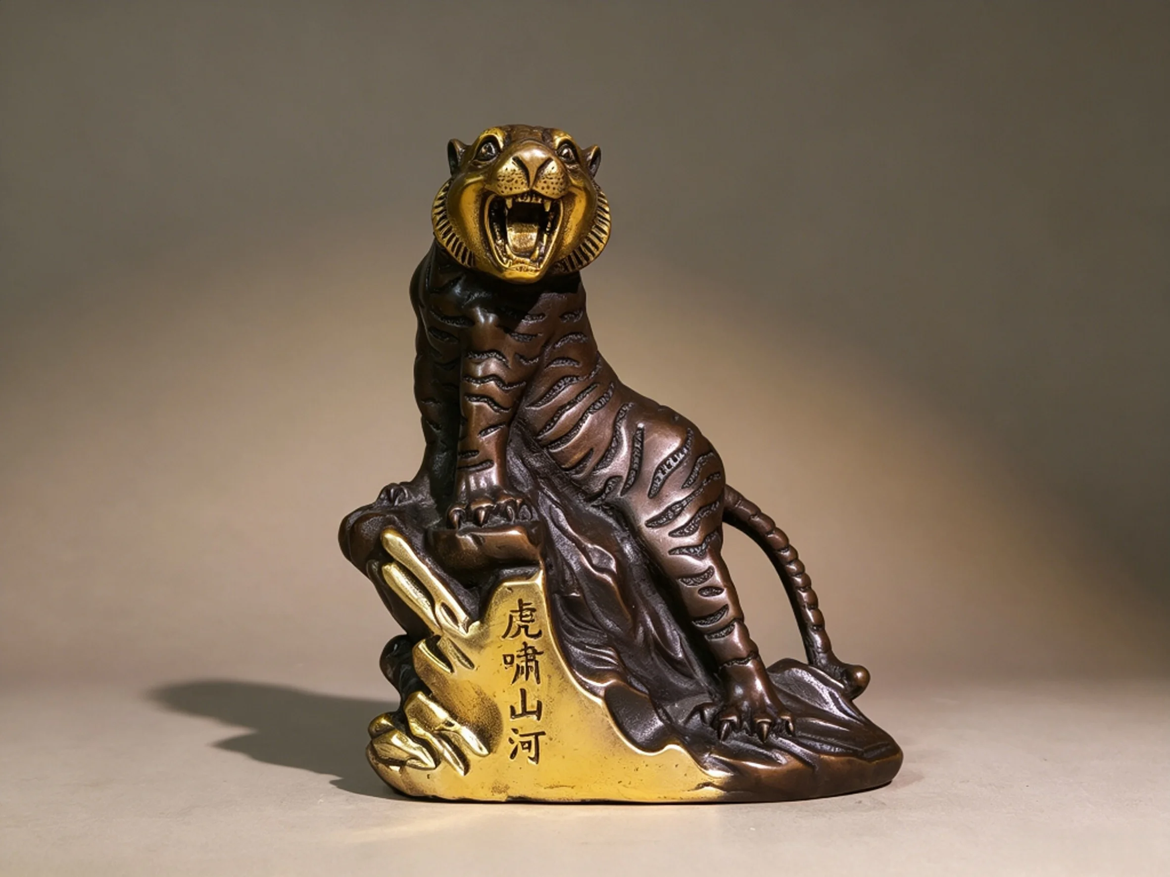 Exquisite Solid Copper Ornament Featuring a Tiger Roaring Over Mountains Climbing Up the Hill, a Cultural Collectible Symbolizin