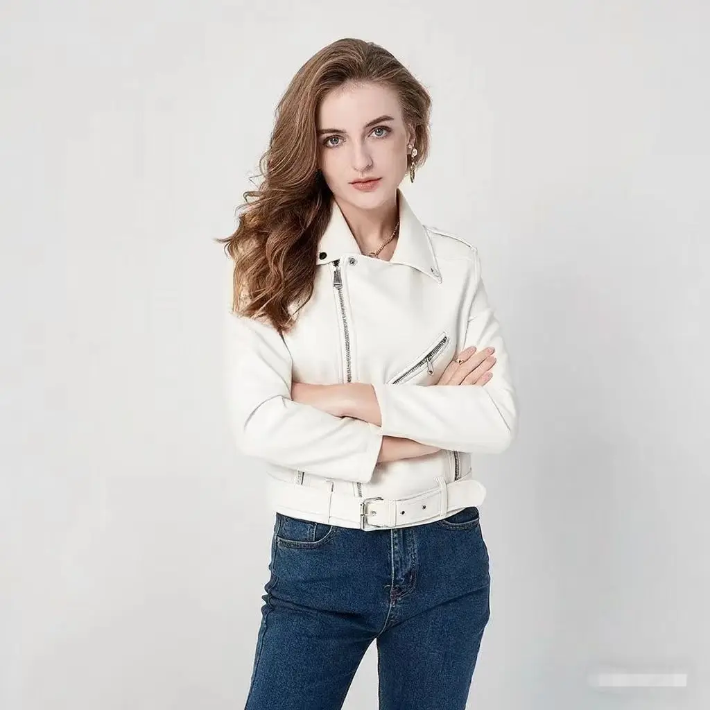 Women's PU Leather Jacket Spring Autumn Slim Fit Motorcycle Washed Zipper Casual Fashion Short Coat Thickened Long Sleeve