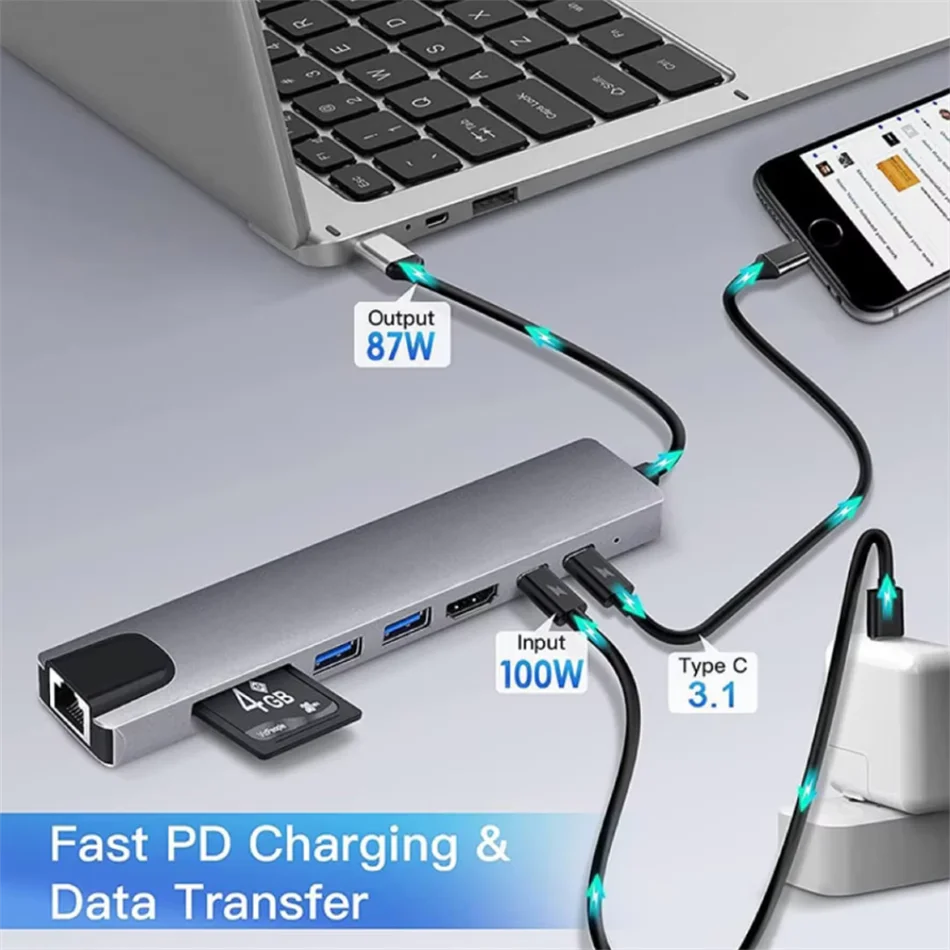 8 in 1 USB C HUB 3.0 Type C Splitter 4K Docking Station Laptop Adapter PD SD/TF For Macbook Air M1 iPad Pro RJ45 HDMI-Compatible