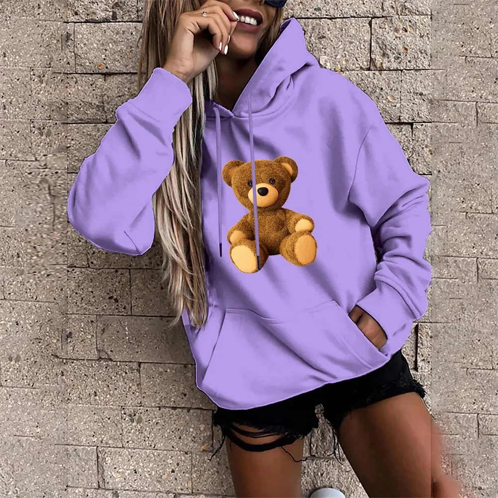 Autumn Women Hoodies Long Sleeve O-Neck Cute Bear Print Fashion Female Street Casual Commuter Tops Clothing Pullover Sweatshirt