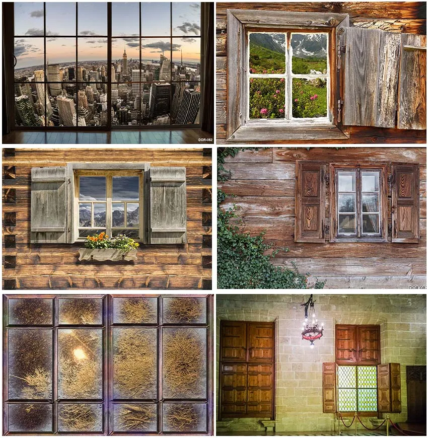 

Window Landscape Wooden Cabin Backdrops Photographic For Family Baby Portrait Decoration Custom Backgrounds Banner Photozone