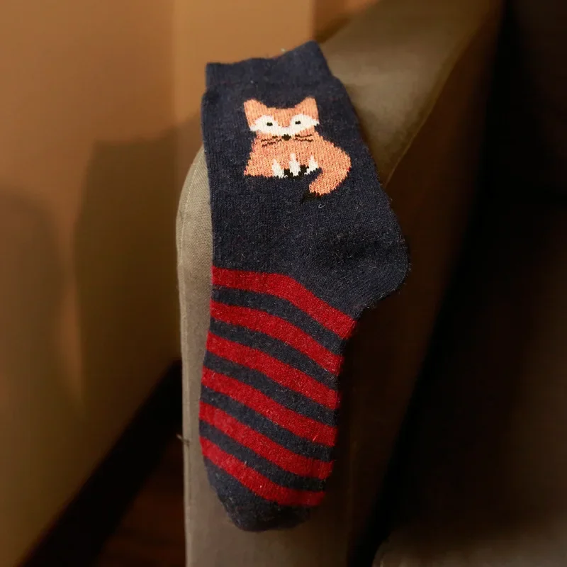 Autumn And Winter Women Funny Fox Print Striped Warm Short Socks Random 1 Pair