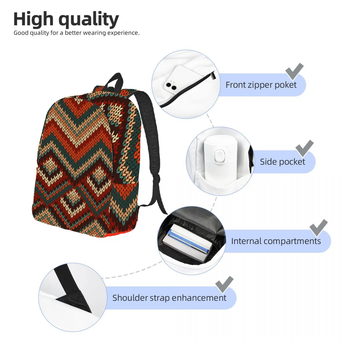 Mochila Boho Chic Zigzag, mochila leve casual para laptop, mochila de lona ao ar livre para homens e mulheres