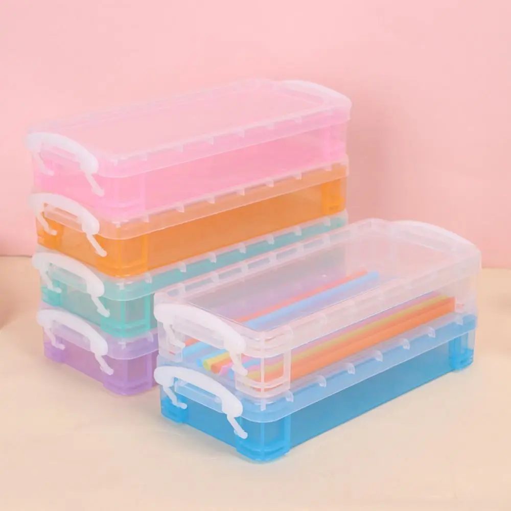 Large Capacity Transparent Pencil Case with White Buckles Space-Saving Stationery Storage Box Stackable Double Open